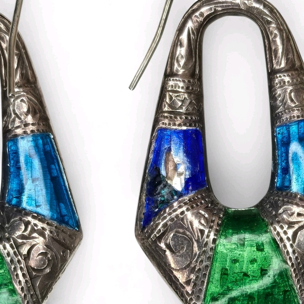 Vintage Sterling Silver 925 Enamel Blue Green Hinged Bangle Bracelet Earring Set - Picture 8 of 13